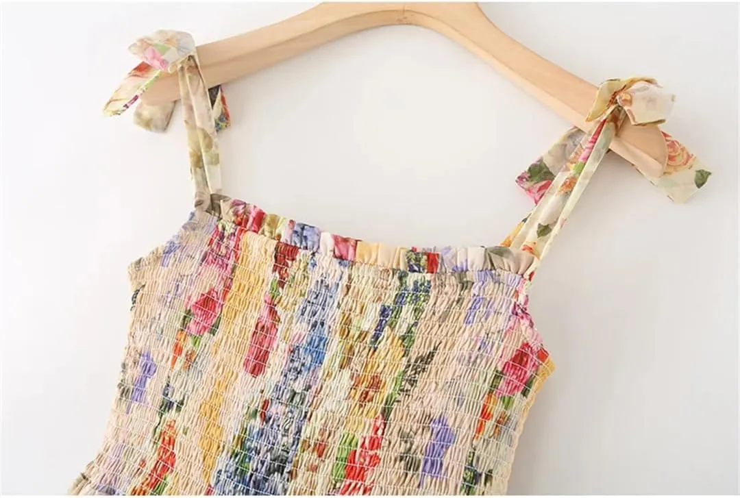 Women Spaghetti Strap Floral Print Chiffon Dress Sleeveless Boho Holiday Dresses Party Robe