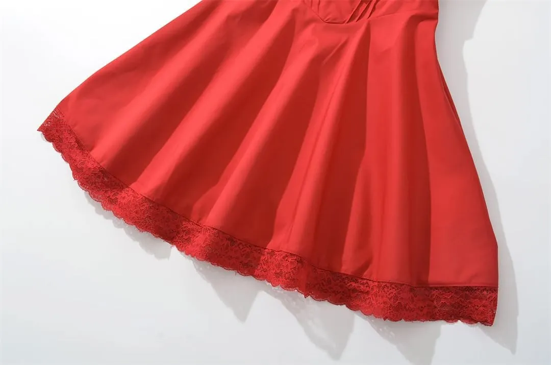 Women Splice Lace Bodycon Mini Dress Lacing Up Bandage Back Short Bow Puff Sleeve Dresses Party Robe