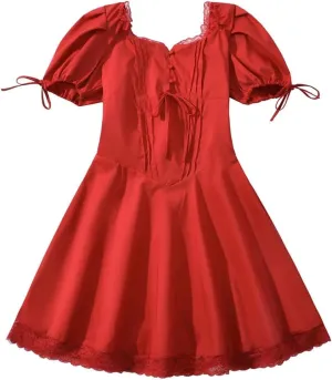 Women Splice Lace Bodycon Mini Dress Lacing Up Bandage Back Short Bow Puff Sleeve Dresses Party Robe