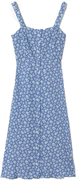 Women Square Neck Sleeveless Floral Midi Dress Button Front High Slit Vacation Beach Dresses