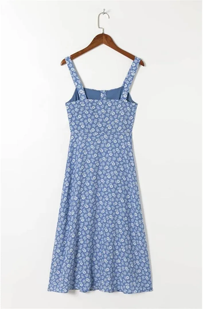 Women Square Neck Sleeveless Floral Midi Dress Button Front High Slit Vacation Beach Dresses