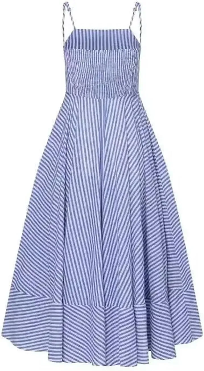 Women Striped Printing Spaghetti Straps Dresses Boho Loose Fit Pleated Spliced Ankle Length Dress
