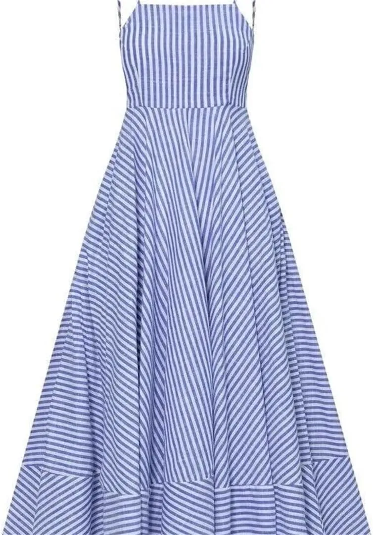 Women Striped Printing Spaghetti Straps Dresses Boho Loose Fit Pleated Spliced Ankle Length Dress