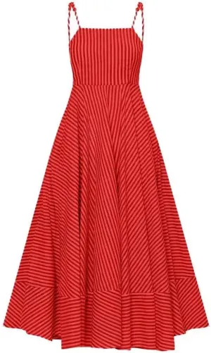 Women Striped Printing Spaghetti Straps Dresses Boho Loose Fit Pleated Spliced Ankle Length Dress