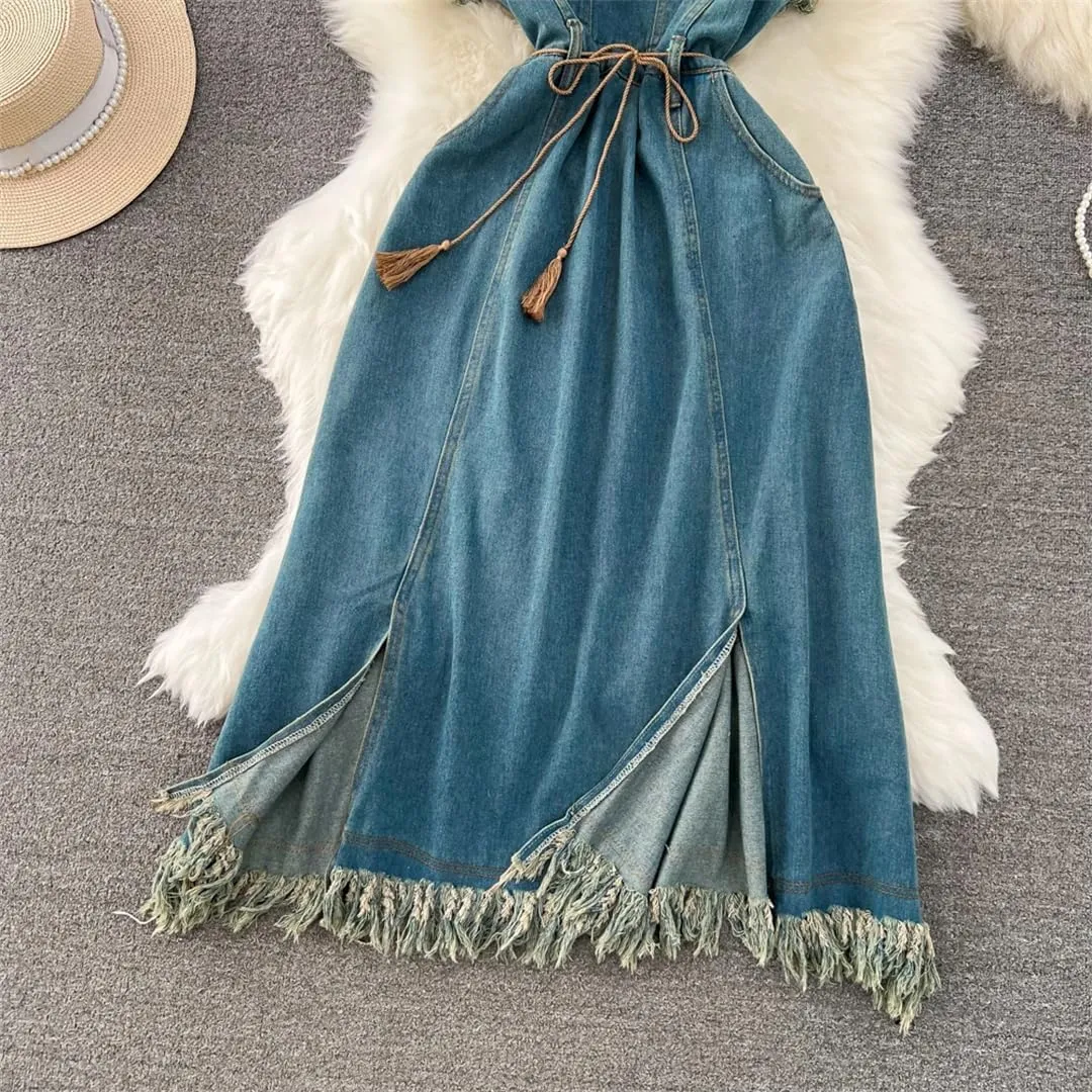 Women Vintage Sleeveless Denim Dress Backless Skinny Slit Tassel A-Line Midi Dresses Spaghetti Strap