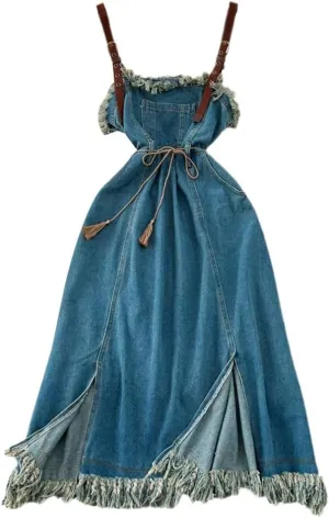 Women Vintage Sleeveless Denim Dress Backless Skinny Slit Tassel A-Line Midi Dresses Spaghetti Strap