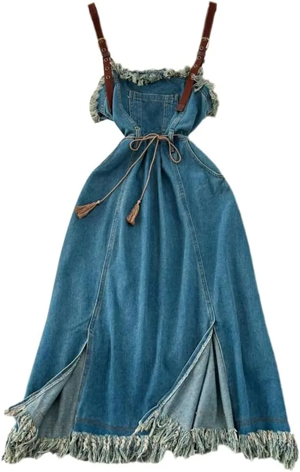 Women Vintage Sleeveless Denim Dress Backless Skinny Slit Tassel A-Line Midi Dresses Spaghetti Strap