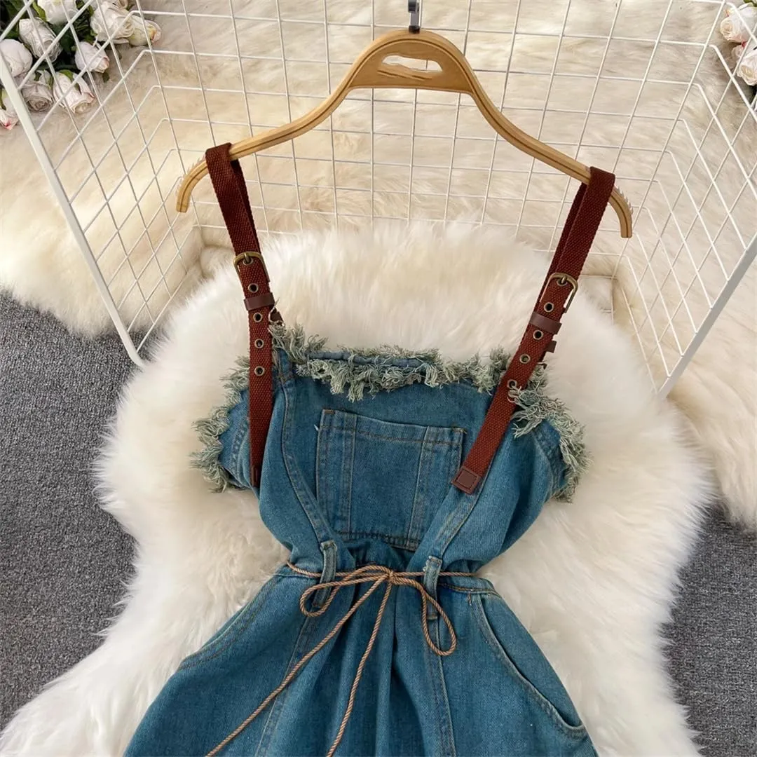 Women Vintage Sleeveless Denim Dress Backless Skinny Slit Tassel A-Line Midi Dresses Spaghetti Strap