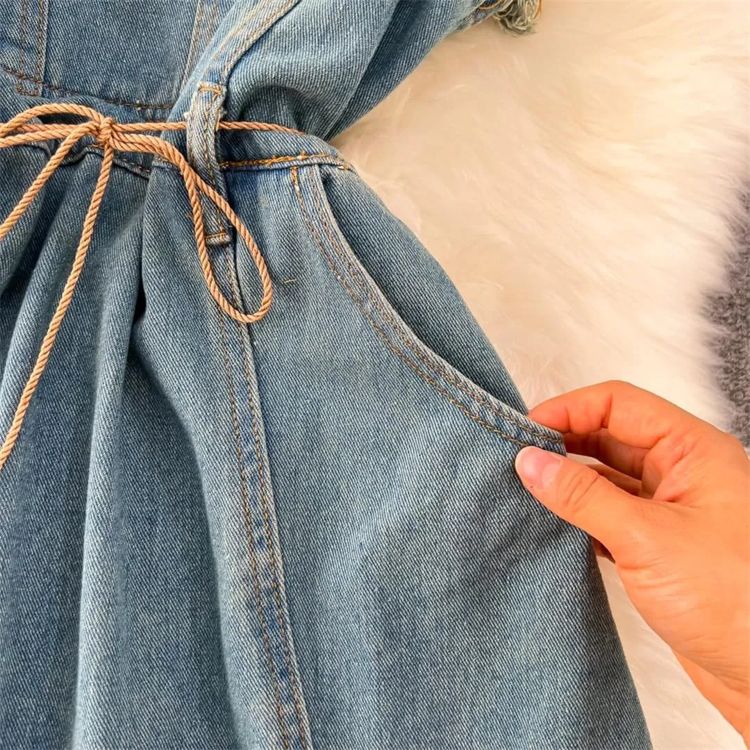 Women Vintage Sleeveless Denim Dress Backless Skinny Slit Tassel A-Line Midi Dresses Spaghetti Strap