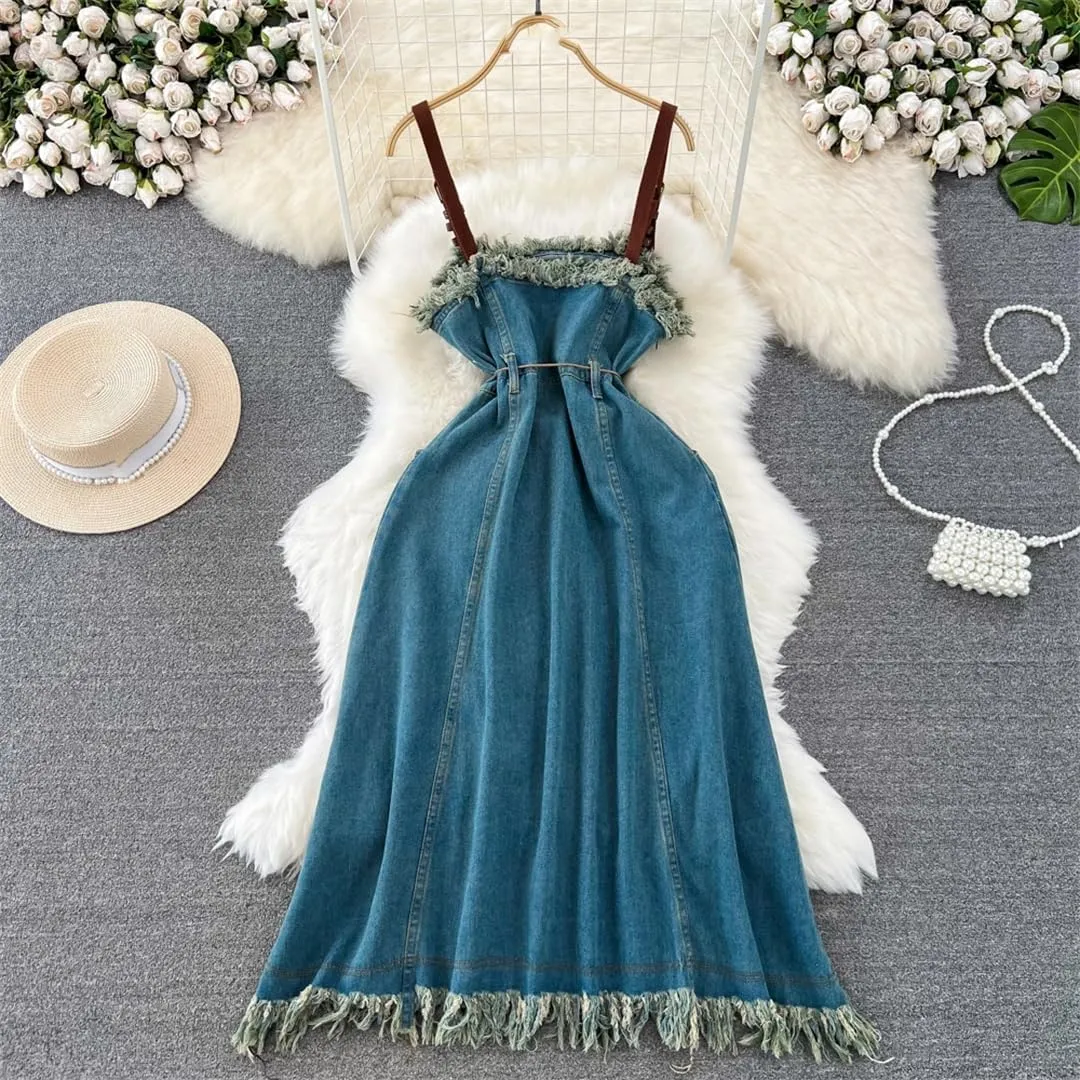 Women Vintage Sleeveless Denim Dress Backless Skinny Slit Tassel A-Line Midi Dresses Spaghetti Strap