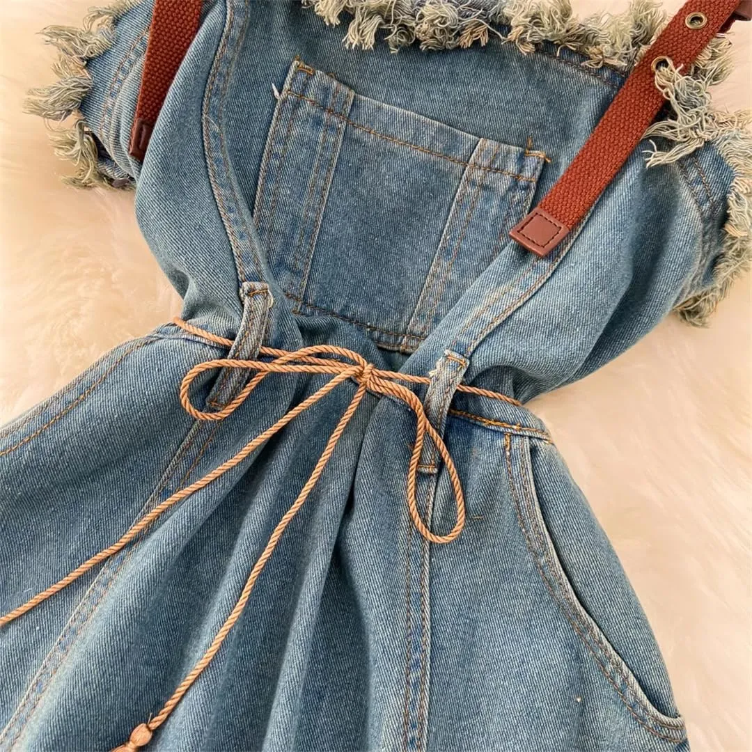 Women Vintage Sleeveless Denim Dress Backless Skinny Slit Tassel A-Line Midi Dresses Spaghetti Strap