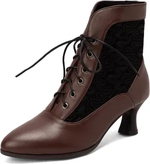 Women Vintage Victorian Boots Kitten Heel Granny Boots Lace Up Ankle Boots