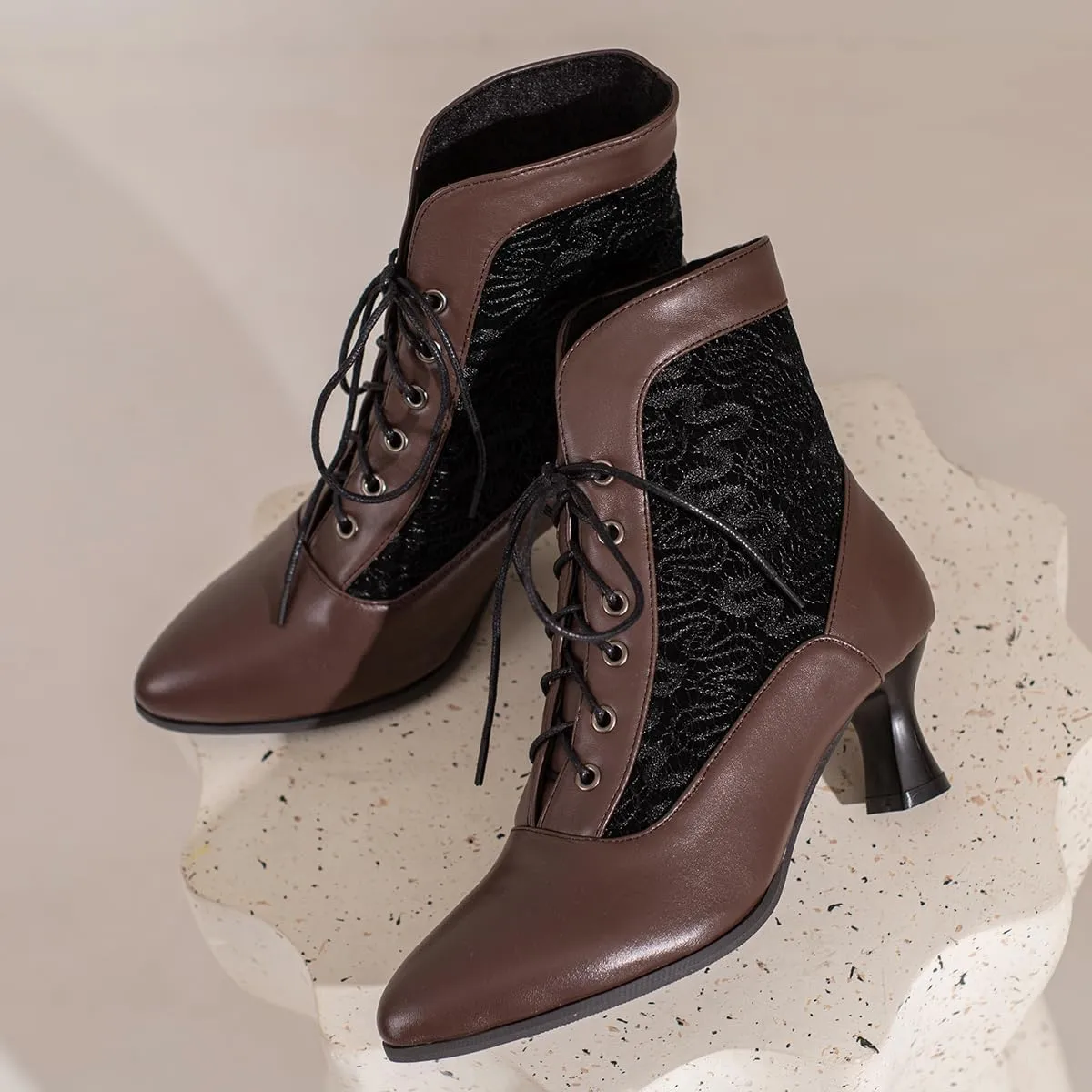 Women Vintage Victorian Boots Kitten Heel Granny Boots Lace Up Ankle Boots