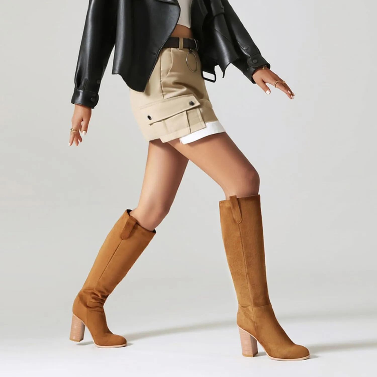 Women's Autumn and Winter Fashion Round Head High Heel Suede Boots Solid Color Non Slip Slip On Boots Over Knee Leather Boots