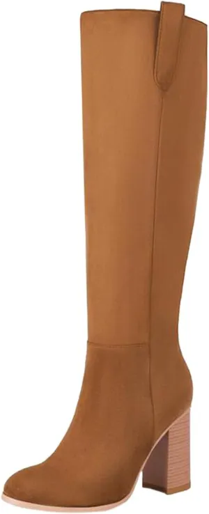 Women's Autumn and Winter Fashion Round Head High Heel Suede Boots Solid Color Non Slip Slip On Boots Over Knee Leather Boots