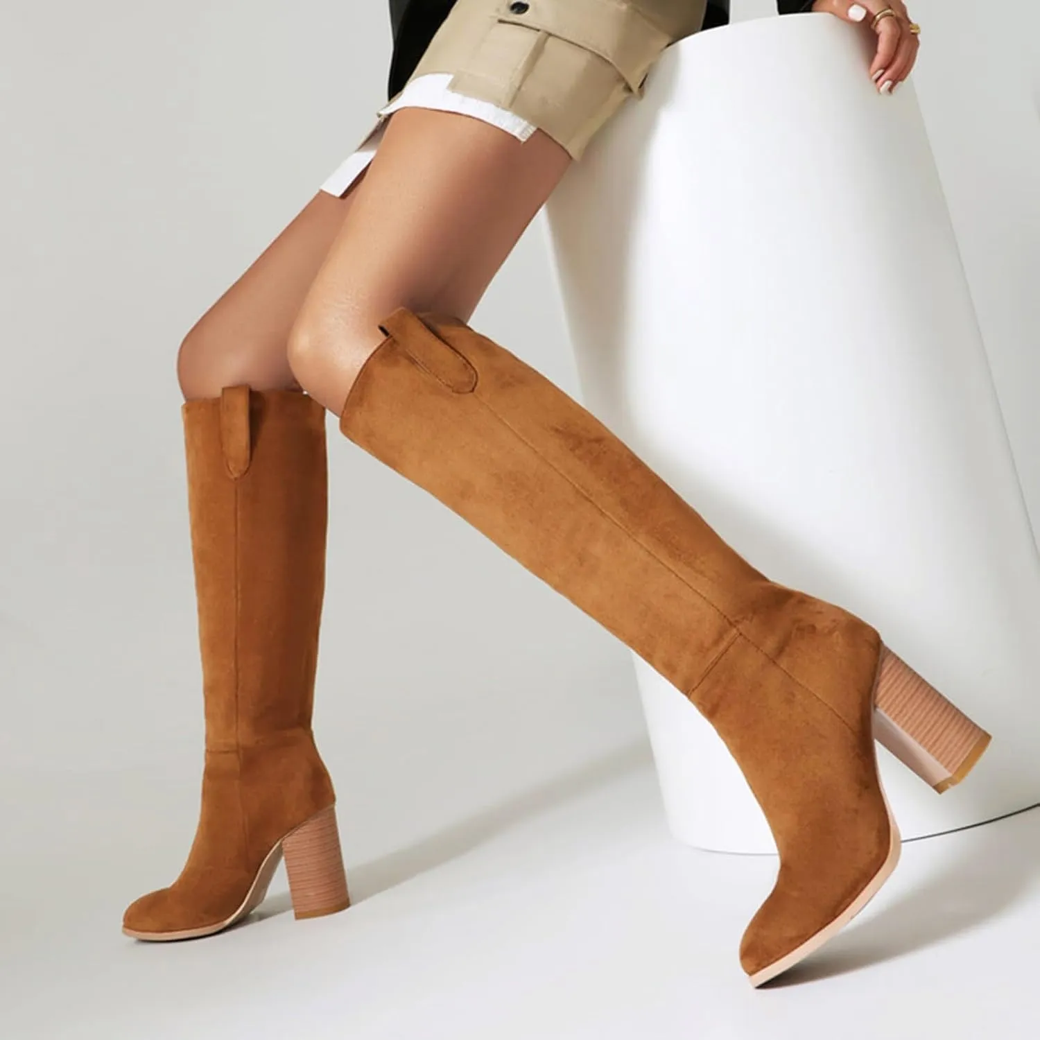 Women's Autumn and Winter Fashion Round Head High Heel Suede Boots Solid Color Non Slip Slip On Boots Over Knee Leather Boots