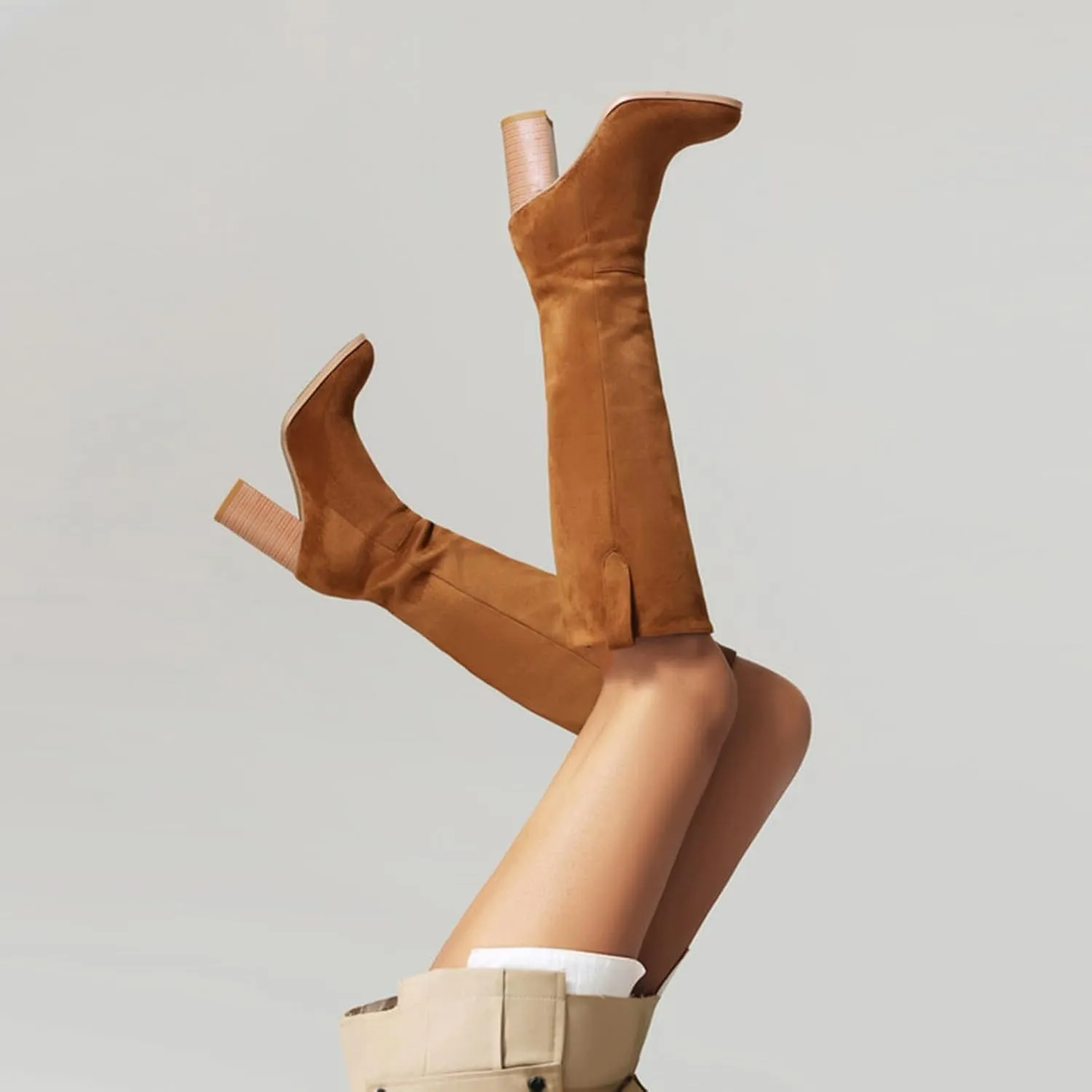Women's Autumn and Winter Fashion Round Head High Heel Suede Boots Solid Color Non Slip Slip On Boots Over Knee Leather Boots