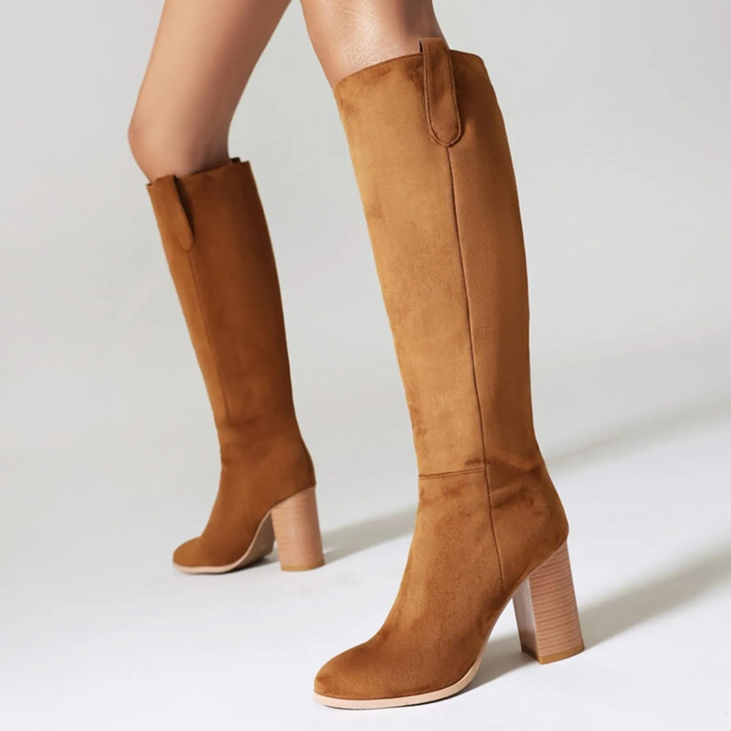 Women's Autumn and Winter Fashion Round Head High Heel Suede Boots Solid Color Non Slip Slip On Boots Over Knee Leather Boots