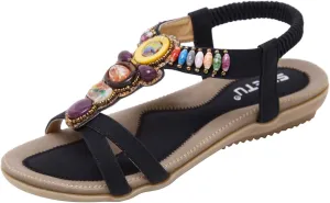 Womens Bohemian Flat Flip Flops Sandals T Strap Beaded Flower Flat Sandals Boho Rhinestone Slingback Beach Shoes