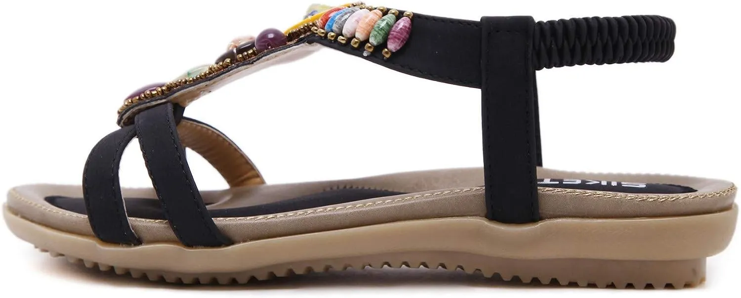 Womens Bohemian Flat Flip Flops Sandals T Strap Beaded Flower Flat Sandals Boho Rhinestone Slingback Beach Shoes