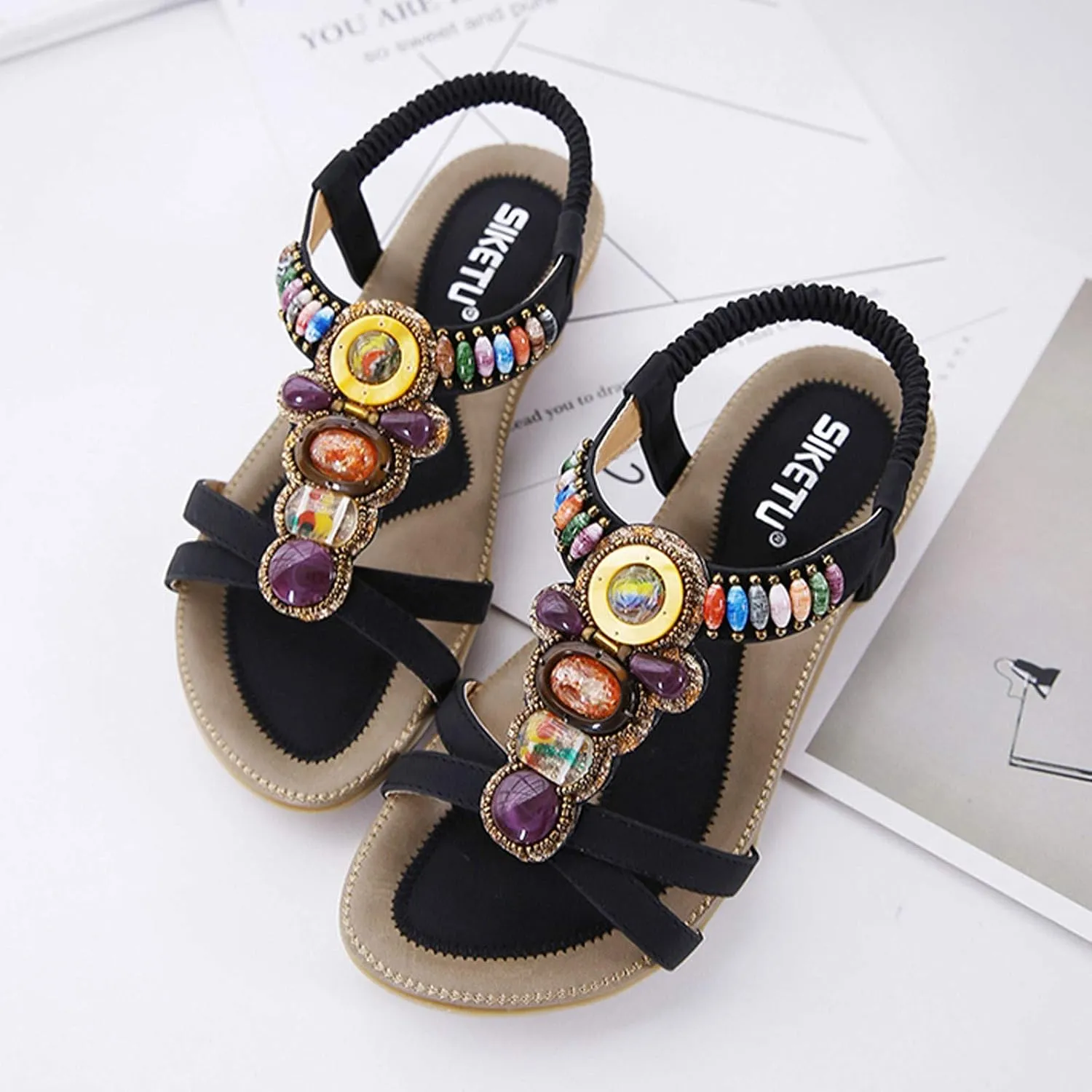 Womens Bohemian Flat Flip Flops Sandals T Strap Beaded Flower Flat Sandals Boho Rhinestone Slingback Beach Shoes