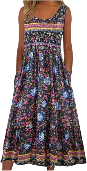 Women’s Boho Floral Print Pleated Tank Dress Crew Neck Sleeveless Summer Casual Loose Midi Sundress with Pockets
