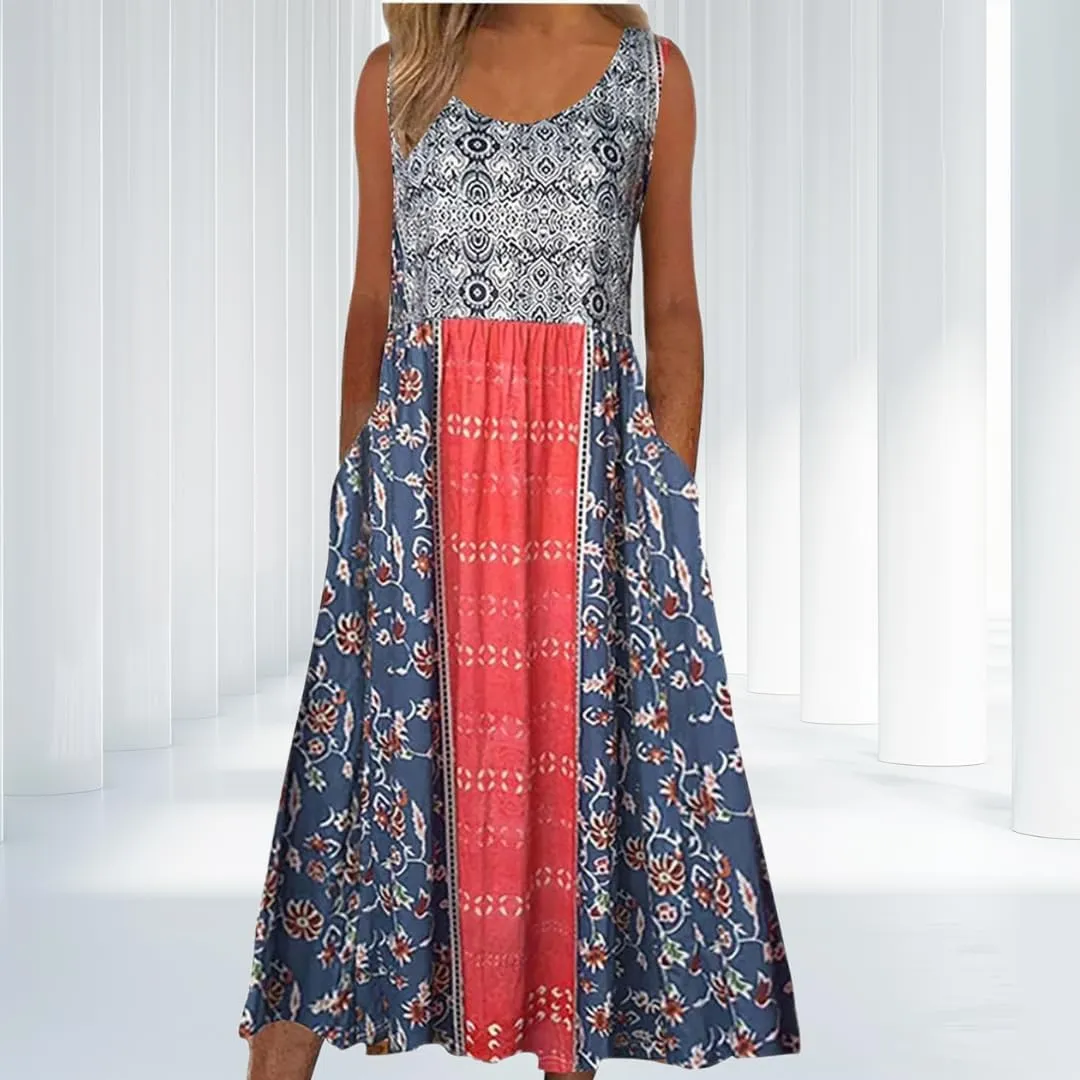 Women’s Boho Floral Print Pleated Tank Dress Crew Neck Sleeveless Summer Casual Loose Midi Sundress with Pockets