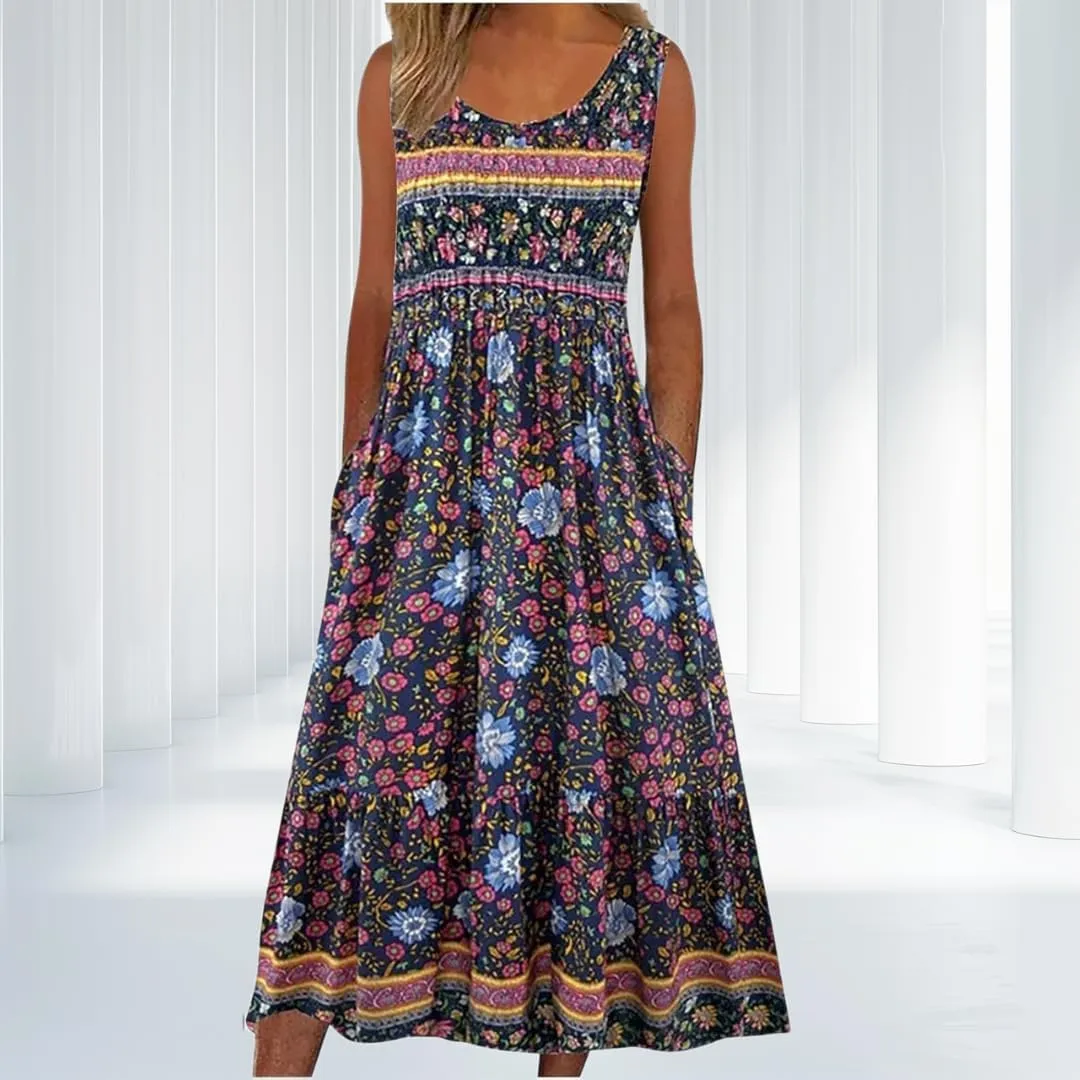 Women’s Boho Floral Print Pleated Tank Dress Crew Neck Sleeveless Summer Casual Loose Midi Sundress with Pockets