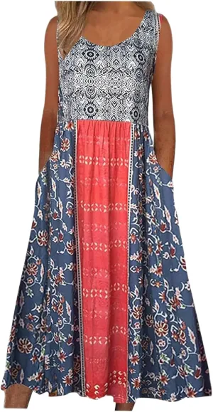 Women’s Boho Floral Print Pleated Tank Dress Crew Neck Sleeveless Summer Casual Loose Midi Sundress with Pockets