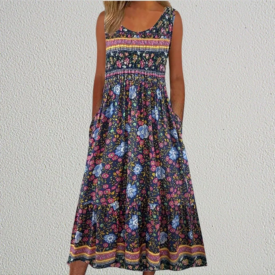 Women’s Boho Floral Print Pleated Tank Dress Crew Neck Sleeveless Summer Casual Loose Midi Sundress with Pockets