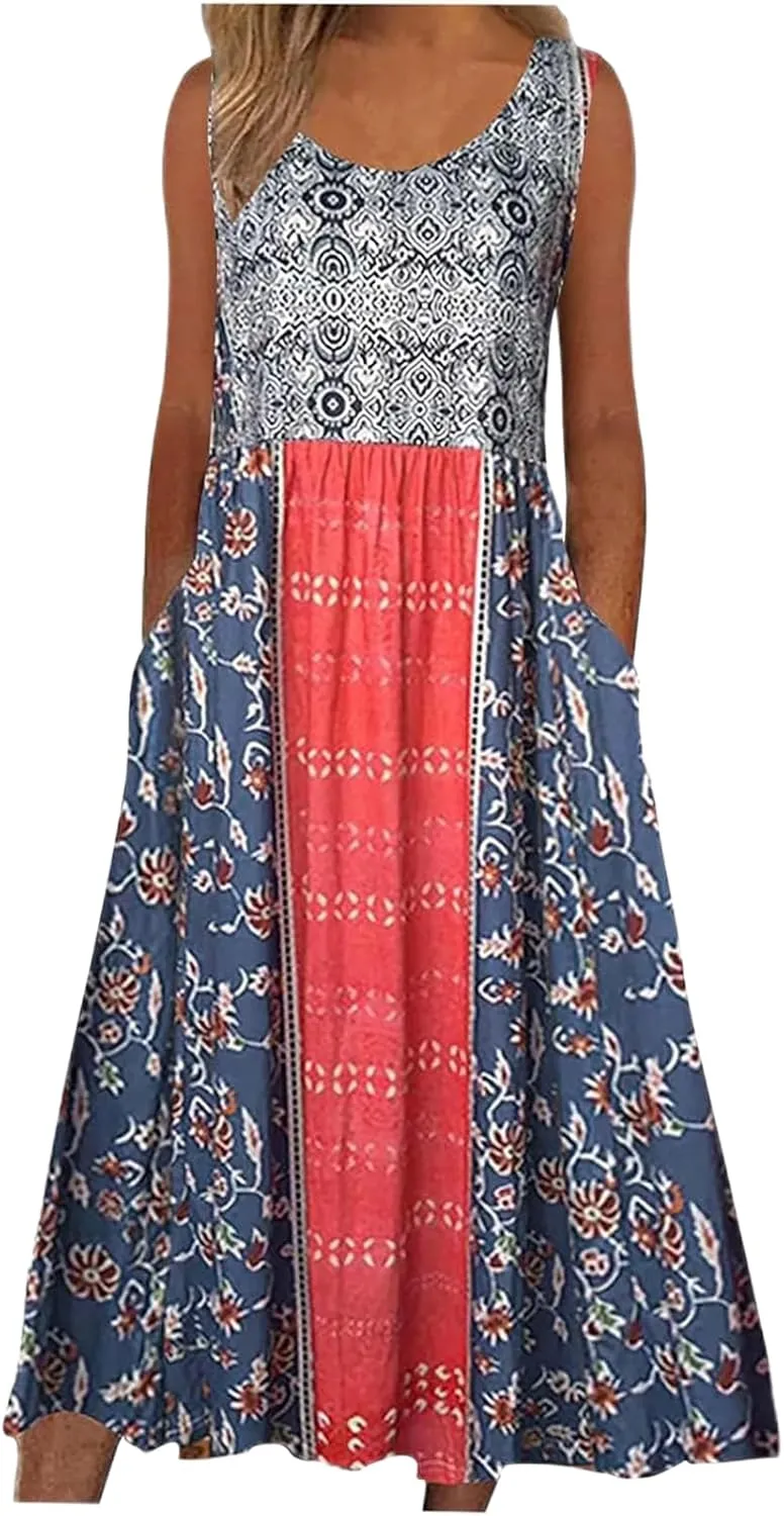 Women’s Boho Floral Print Pleated Tank Dress Crew Neck Sleeveless Summer Casual Loose Midi Sundress with Pockets
