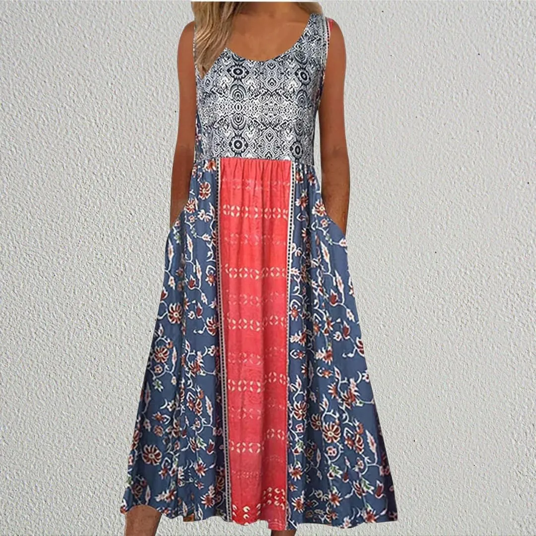 Women’s Boho Floral Print Pleated Tank Dress Crew Neck Sleeveless Summer Casual Loose Midi Sundress with Pockets