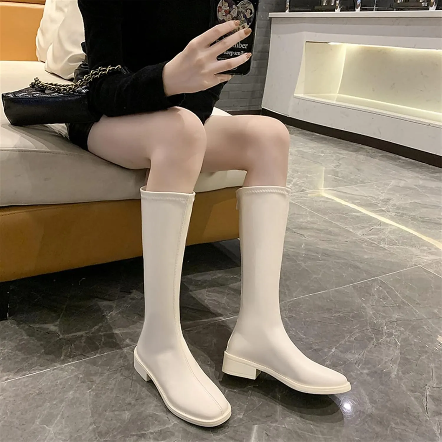 Womens Boots Riding Boots Women Shoes Mid Heel Knee-High Boots Square Toe Block Heels Zip Long Boots Autumn Winter