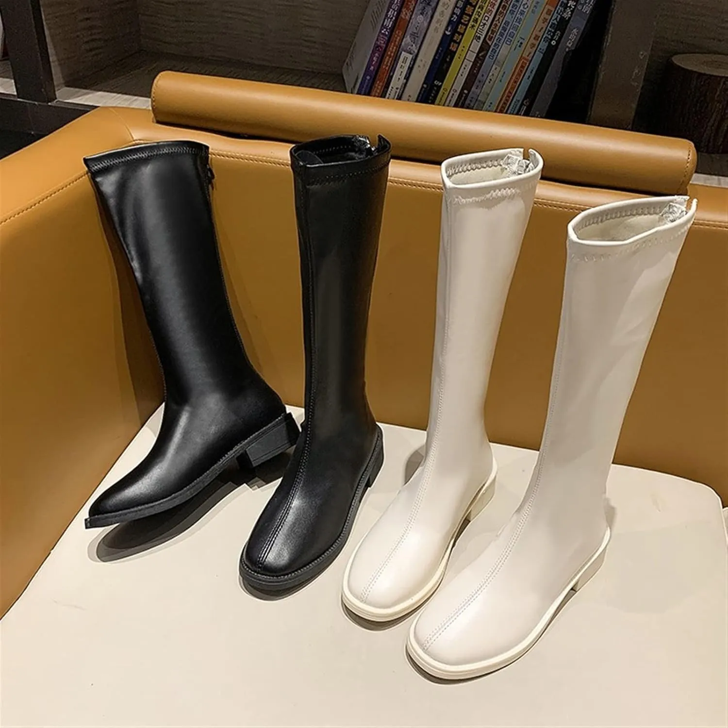 Womens Boots Riding Boots Women Shoes Mid Heel Knee-High Boots Square Toe Block Heels Zip Long Boots Autumn Winter