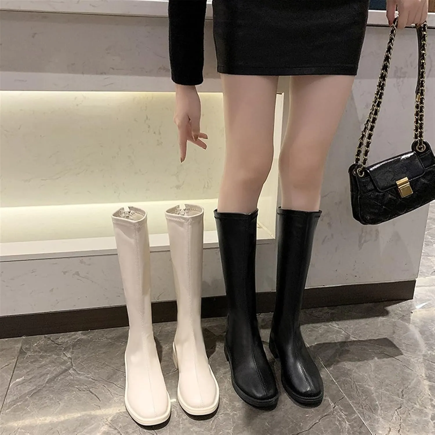 Womens Boots Riding Boots Women Shoes Mid Heel Knee-High Boots Square Toe Block Heels Zip Long Boots Autumn Winter