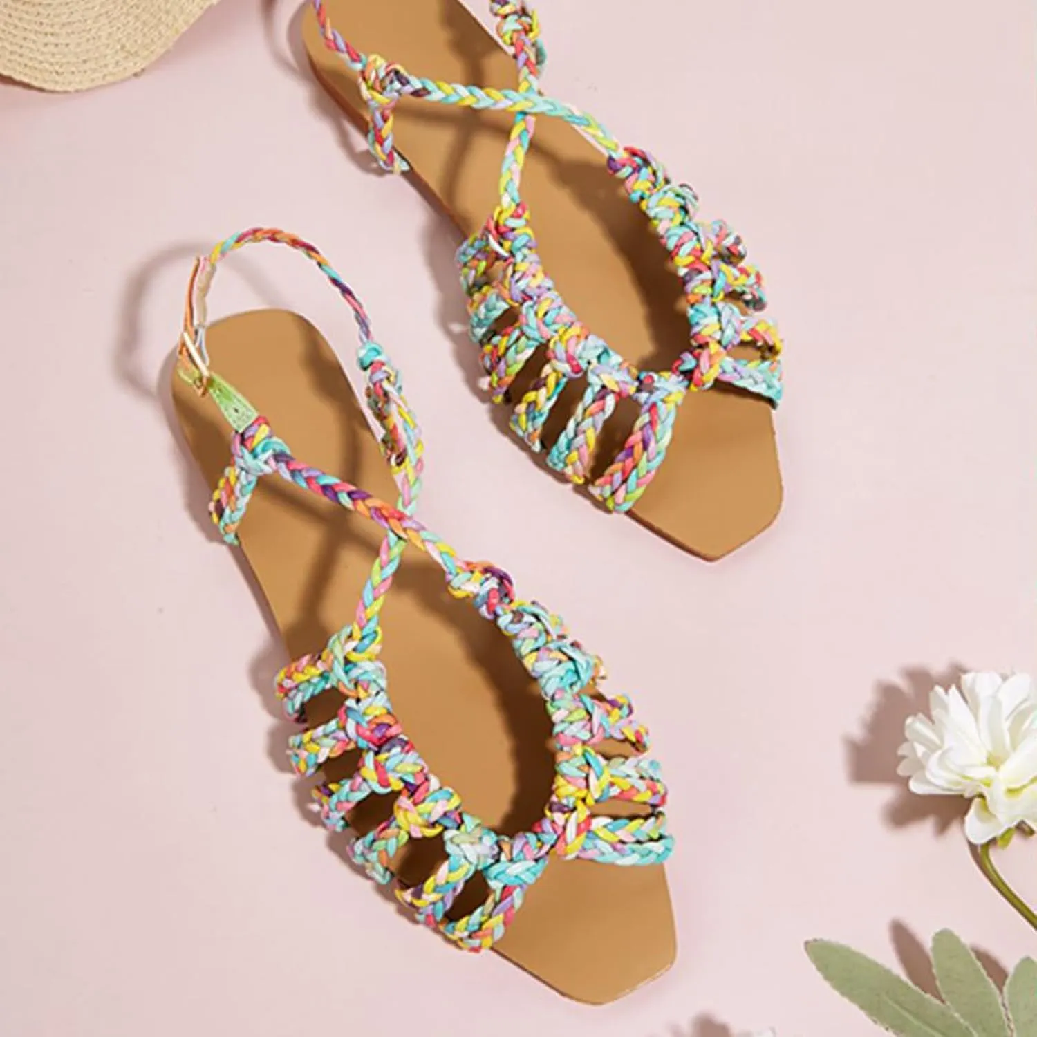 Women's Braided Strappy Gladiator Flat Sandals with Adjustable Ankle Strap Open Toe Non-Slip Lightweight Summer Sandals for Beach Outdoor Vacation