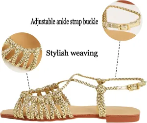 Women's Braided Strappy Gladiator Flat Sandals with Adjustable Ankle Strap Open Toe Non-Slip Lightweight Summer Sandals for Beach Outdoor Vacation