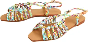 Women's Braided Strappy Gladiator Flat Sandals with Adjustable Ankle Strap Open Toe Non-Slip Lightweight Summer Sandals for Beach Outdoor Vacation