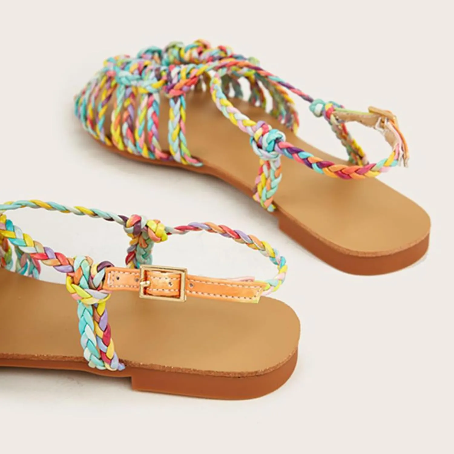 Women's Braided Strappy Gladiator Flat Sandals with Adjustable Ankle Strap Open Toe Non-Slip Lightweight Summer Sandals for Beach Outdoor Vacation