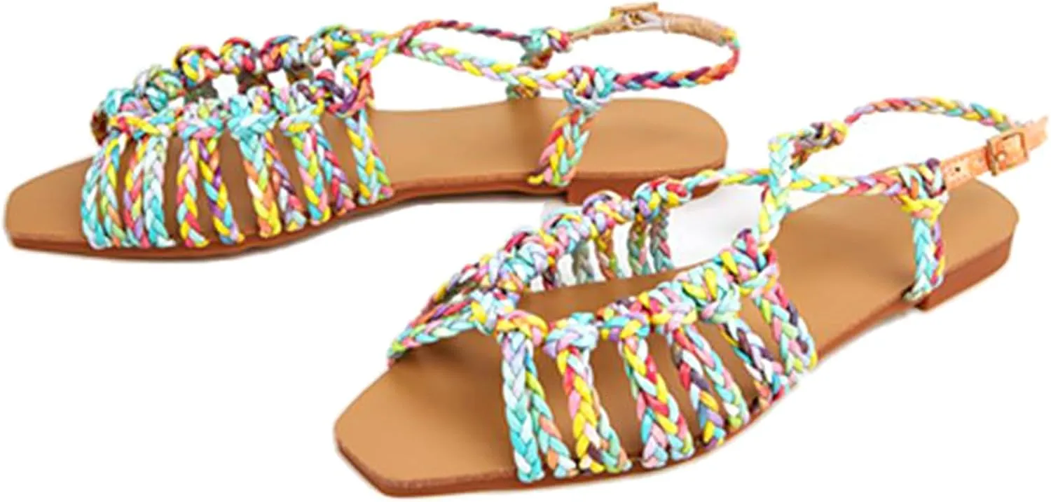 Women's Braided Strappy Gladiator Flat Sandals with Adjustable Ankle Strap Open Toe Non-Slip Lightweight Summer Sandals for Beach Outdoor Vacation