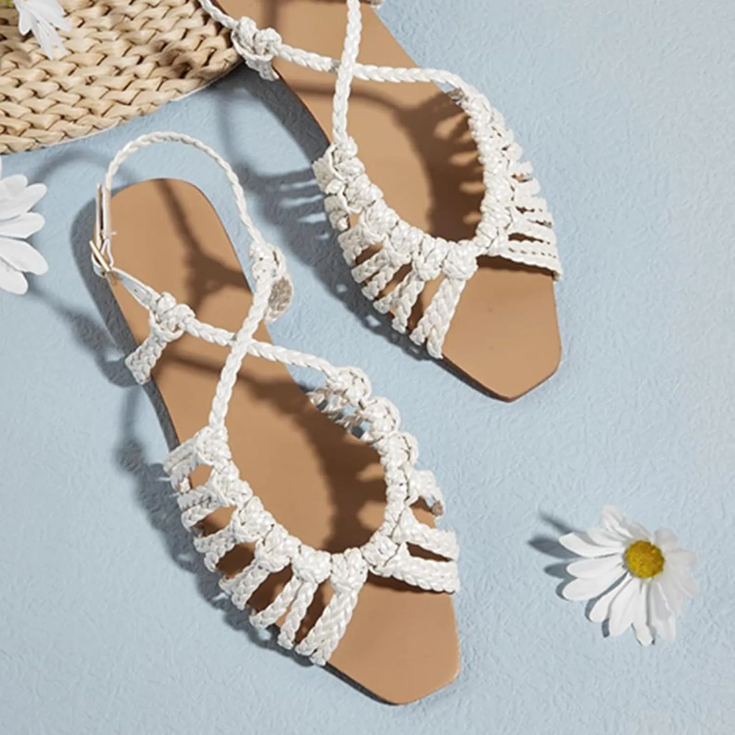 Women's Braided Strappy Gladiator Flat Sandals with Adjustable Ankle Strap Open Toe Non-Slip Lightweight Summer Sandals for Beach Outdoor Vacation