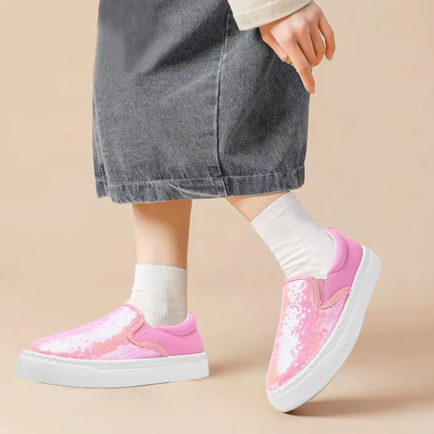Women's Canvas Slip On Shoes Glitter Sequin Sneakers Sparkly Flat Loafers Casual Comfortable Tennis Shoes for Women