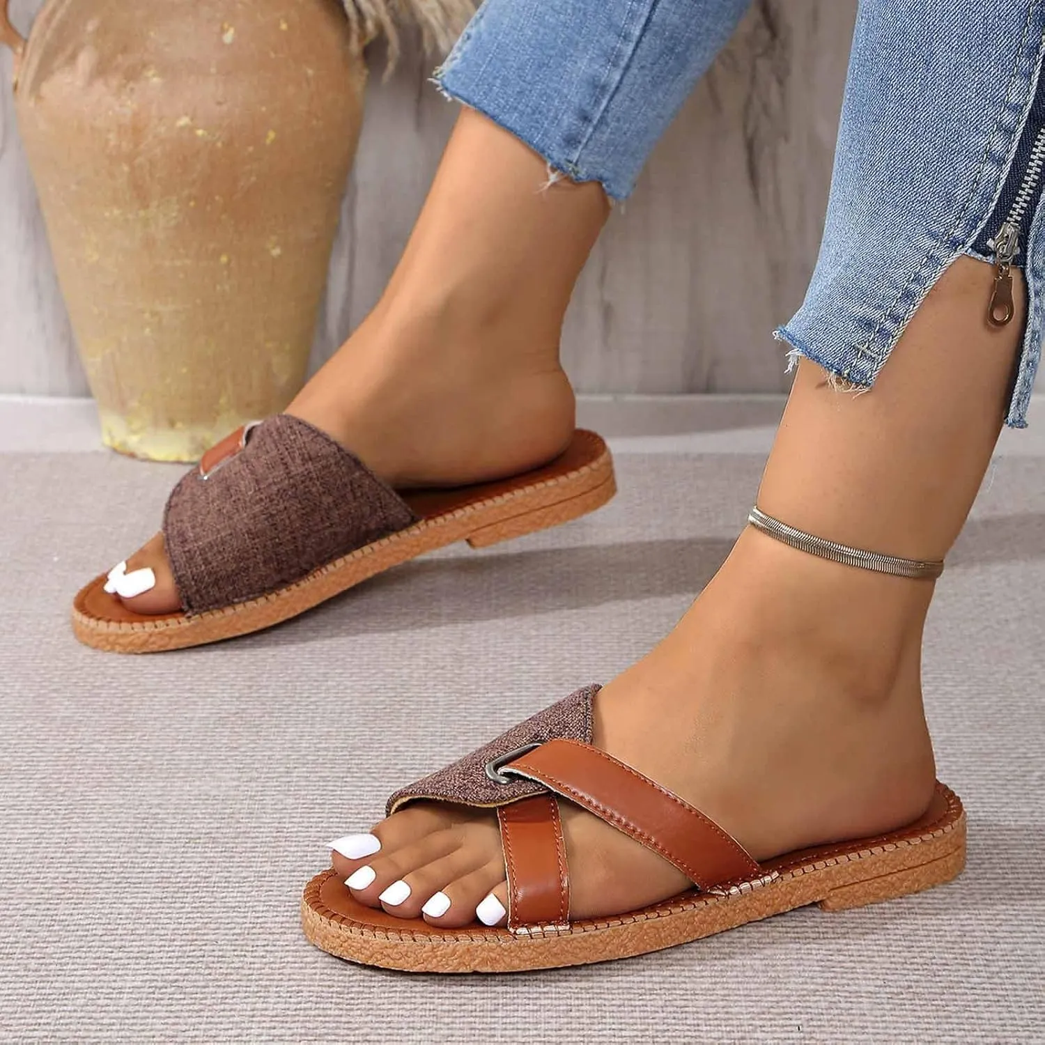 Womens Casual Slides Summer Dressy Open Toe Slippers Beach Slide Sandal Comfort Slip on Flat Sandals 2025 New