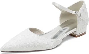 Womens Closed Pointed Toe Low Heels Flat Bridal Shoes for Wedding Lace Dress Shoes for Bride Low Block Heel Flats Pumps Bridesmaids