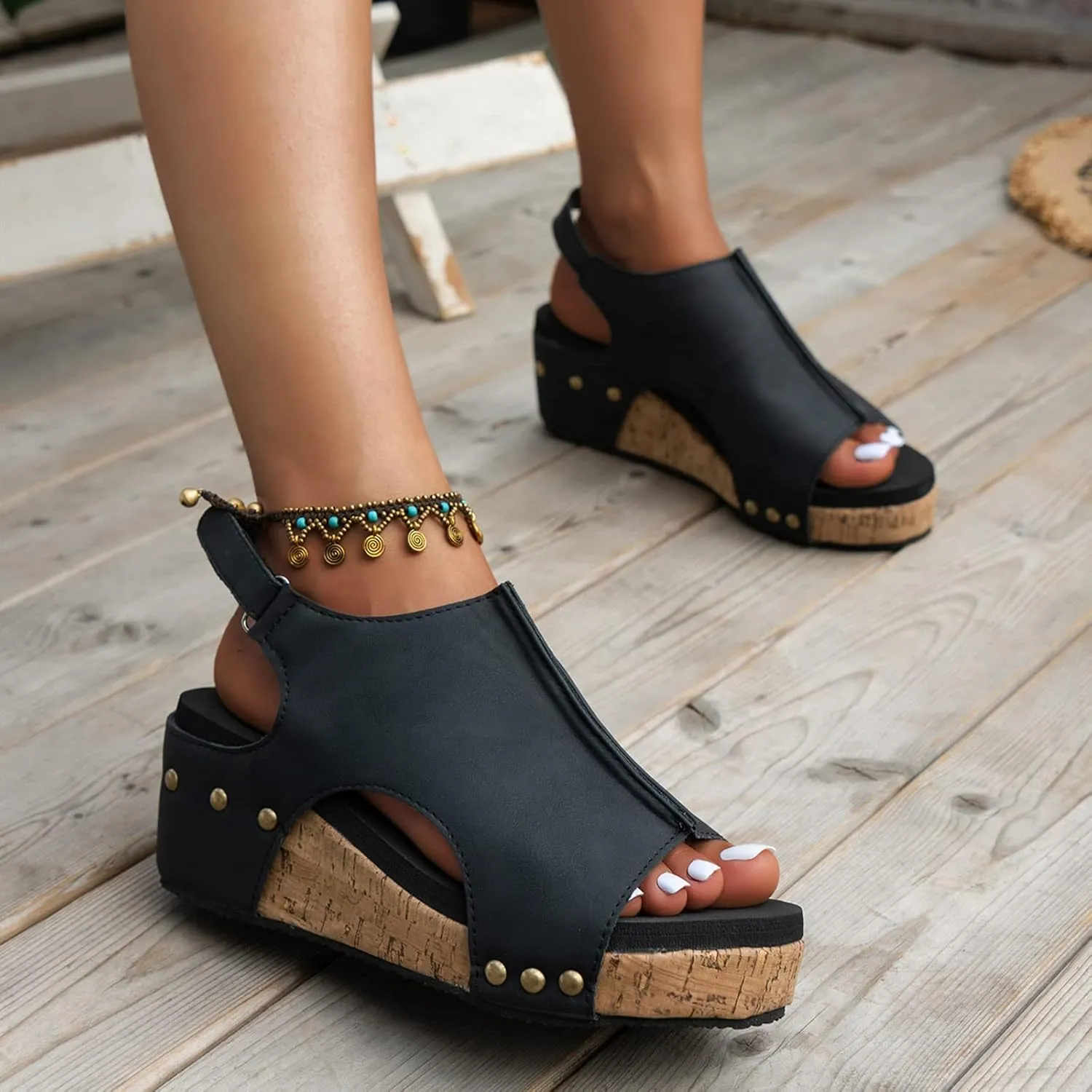 Women's Cork Wedge Slingback Sandals Hook and Loop Solid Summer Shoe Open Toe Platform Sandal Casual Gothic High Heel