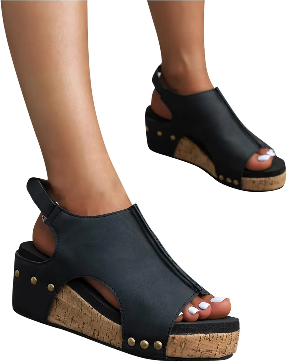 Women's Cork Wedge Slingback Sandals Hook and Loop Solid Summer Shoe Open Toe Platform Sandal Casual Gothic High Heel
