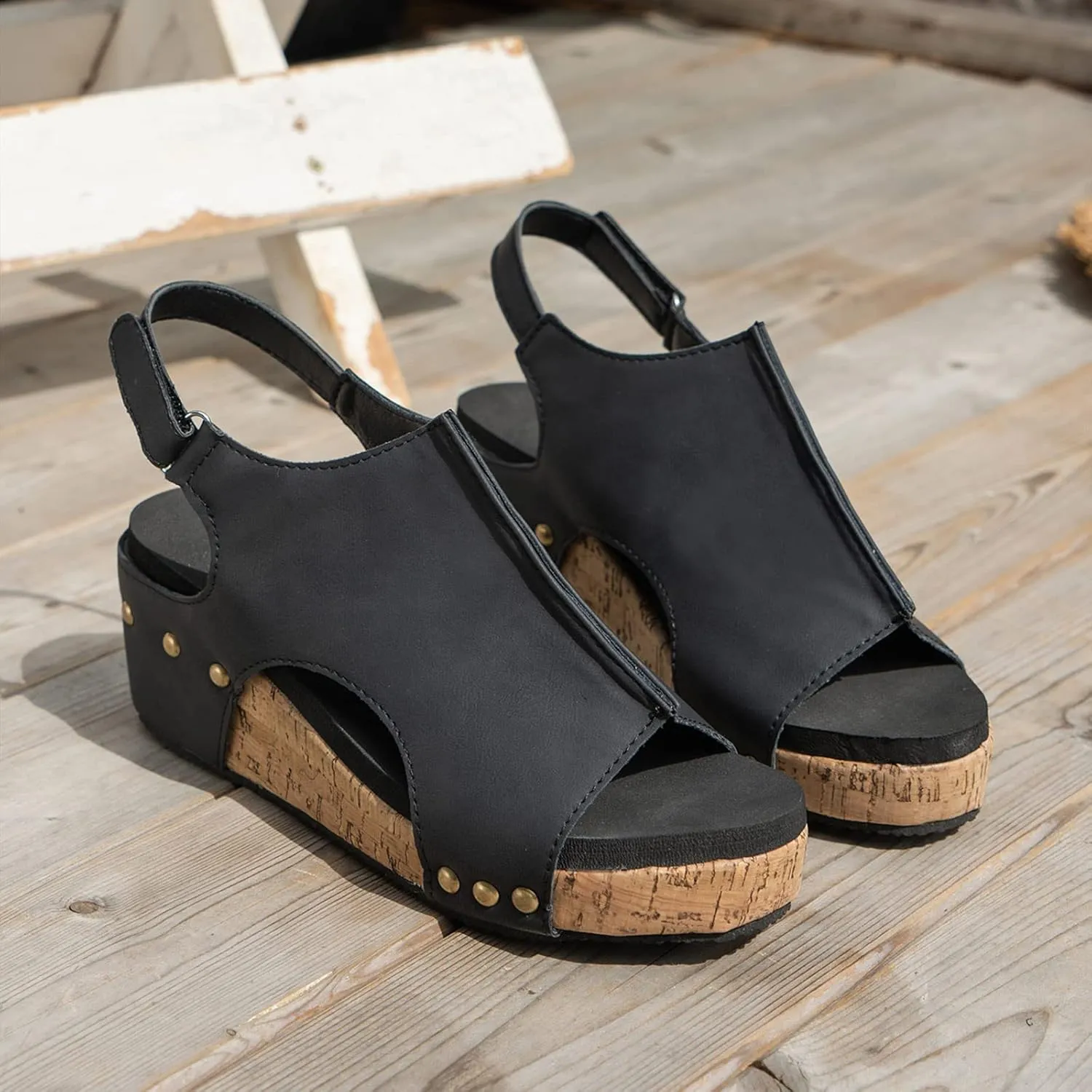 Women's Cork Wedge Slingback Sandals Hook and Loop Solid Summer Shoe Open Toe Platform Sandal Casual Gothic High Heel