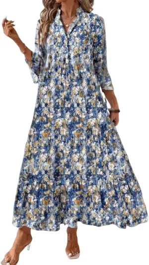 Women’s Dresses Breezy Floral Print Sundress V-Neck A-line Ruffle Sleeve Romantic Maxi Dress