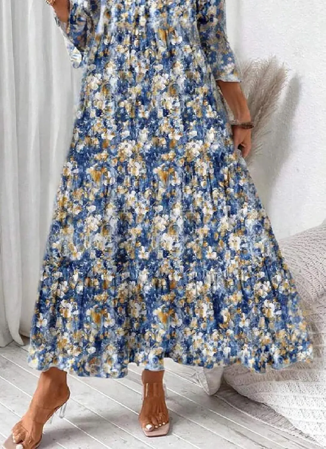 Women’s Dresses Breezy Floral Print Sundress V-Neck A-line Ruffle Sleeve Romantic Maxi Dress