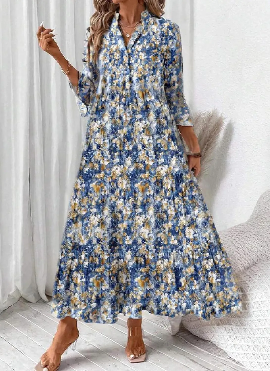 Women’s Dresses Breezy Floral Print Sundress V-Neck A-line Ruffle Sleeve Romantic Maxi Dress